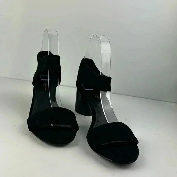 DONNA KARAN SIZE 7.5 BLACK SUEDE WITH A SHINY HEART SHAPED HEEL NWOT SANDAL - Picture 1 of 12